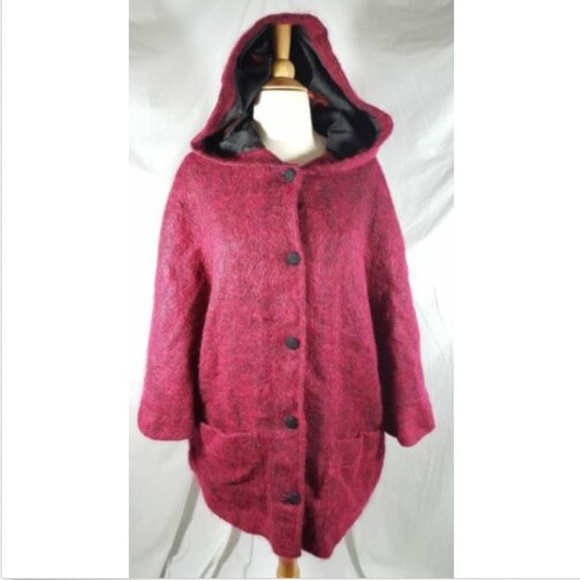 L'Atlelier du Tisserand Jackets & Blazers - Mohair Poncho Swing Coat sz L Red Black Hooded